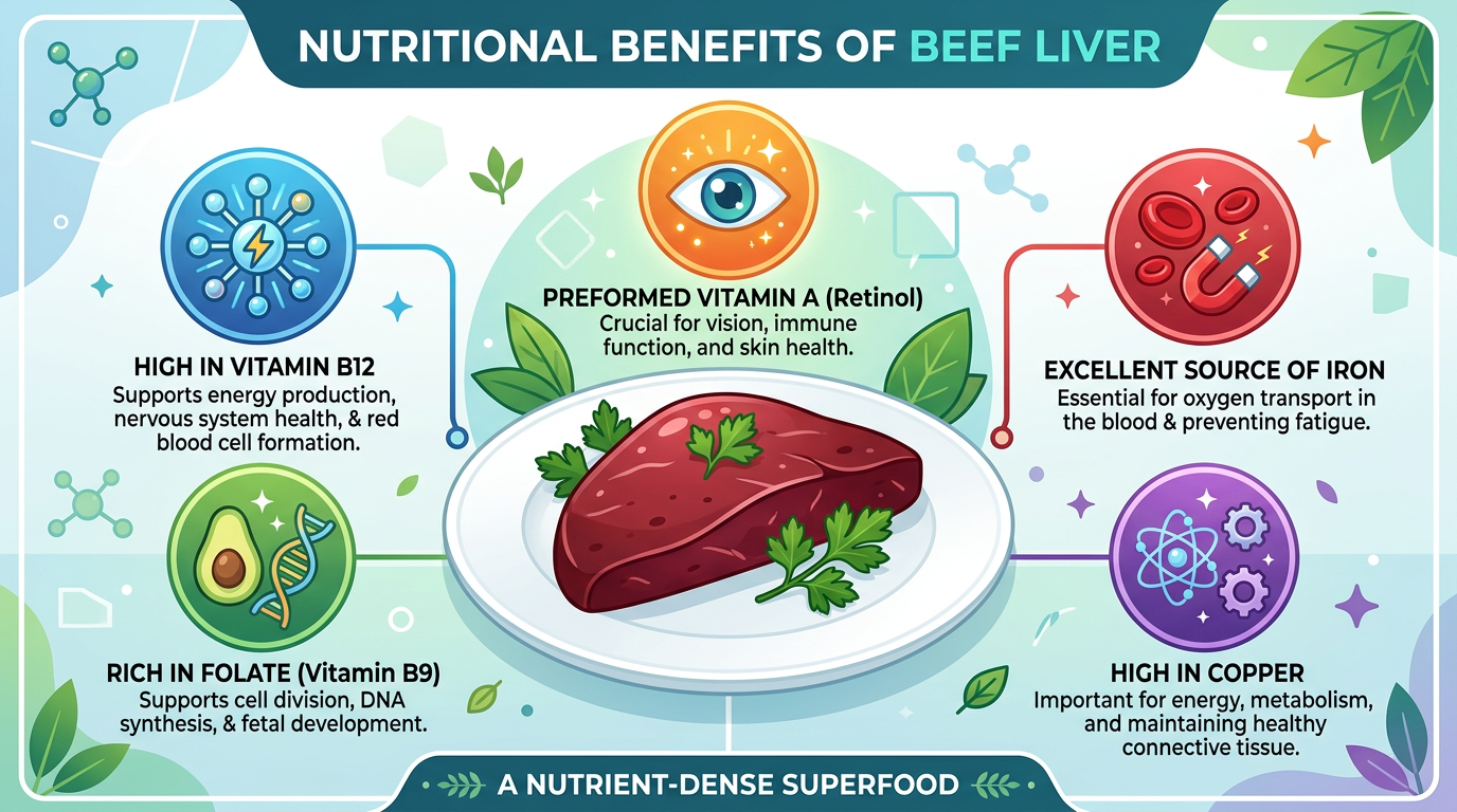 Grass fed beef liver benefits: nutritional infographic showing vitamin B12, A, iron, folate and copper in beef liver