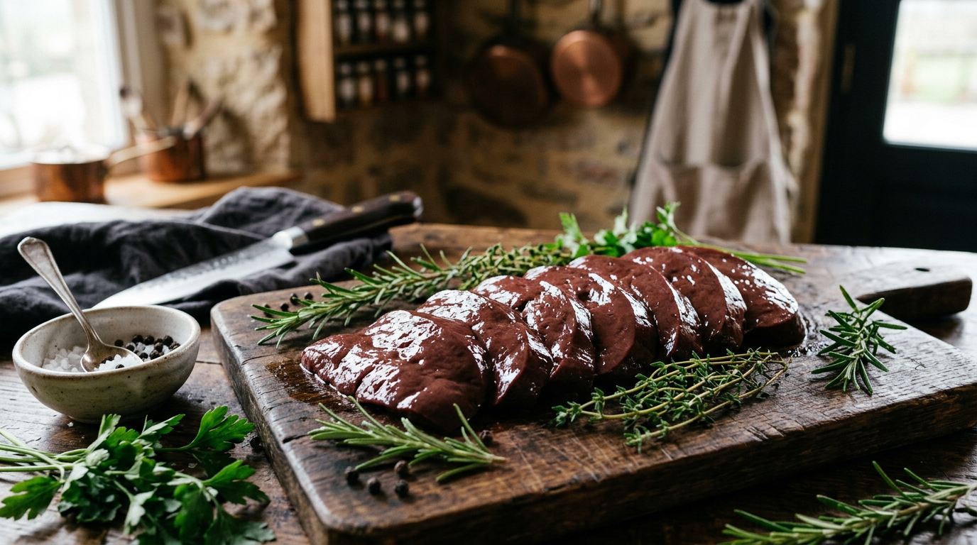 Where can I get beef liver: fresh grass-fed beef liver slices on a wooden cutting board with herbs
